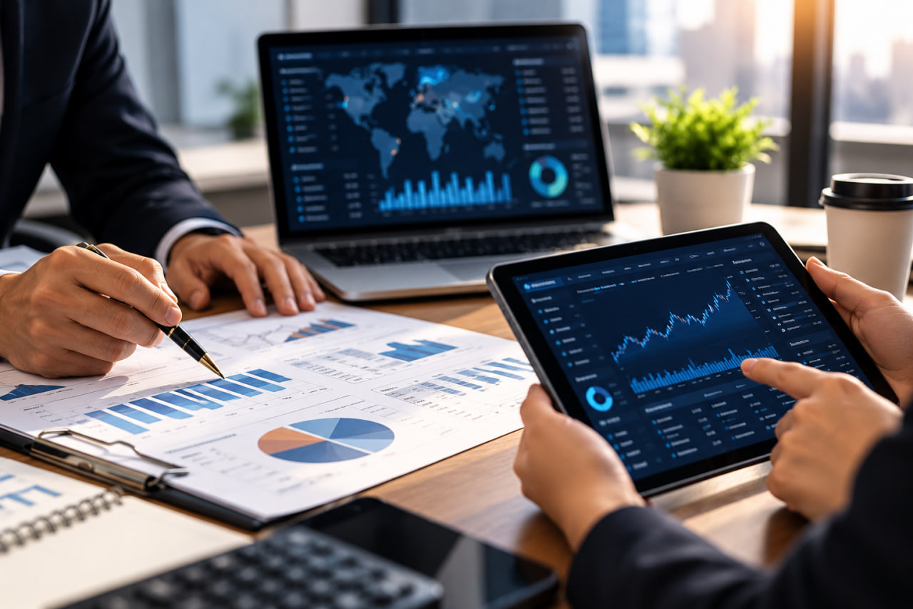 Researchers reviewing financial charts on a laptop, tablet and printed reports